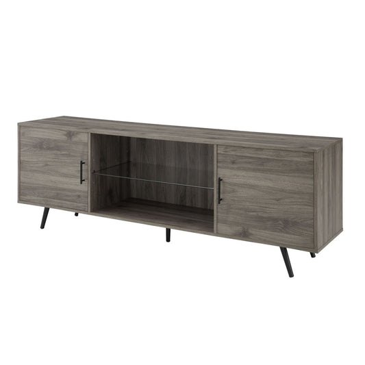Nora 70" Mid Century Modern Glass Shelf 2 Door TV Stand - Slate Gray