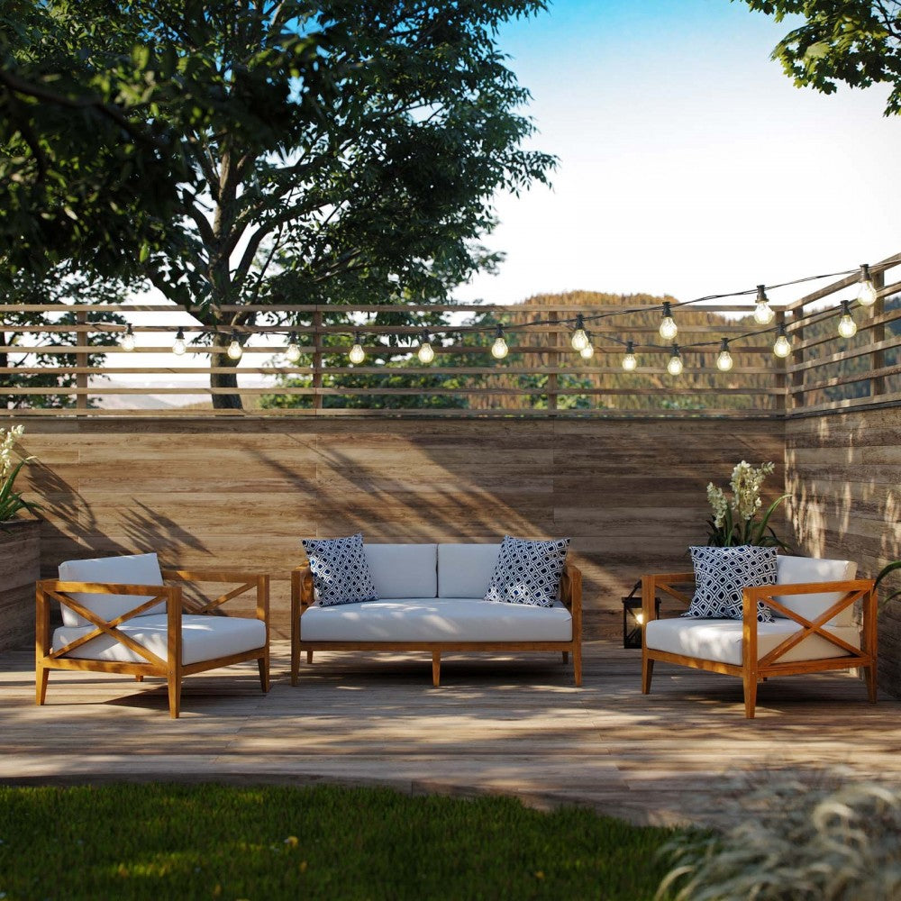 Northlake 3 Piece Outdoor Patio Premium Grade A Teak Wood Set, Natural White, EEI-3630-NAT-WHI-SET
