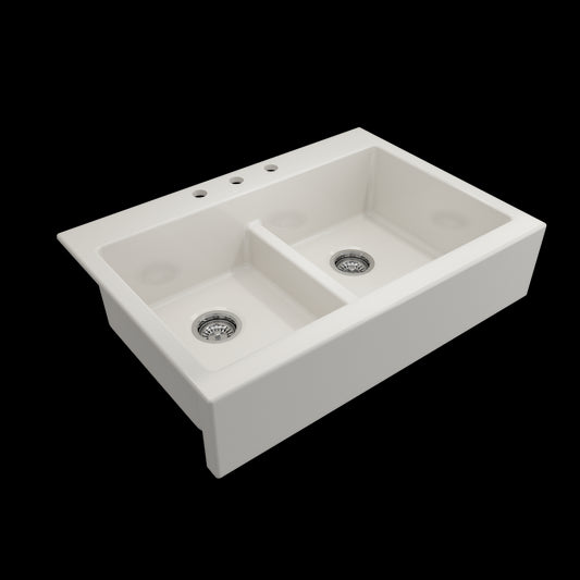 Nuova Apron Front Drop-In Fireclay 34 in. 50/50 Double Bowl Kitchen Sink with Protective Bottom Grids and Strainers in Biscuit