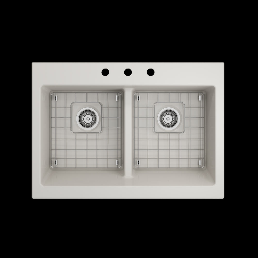 Nuova Apron Front Drop-In Fireclay 34 in. 50/50 Double Bowl Kitchen Sink with Protective Bottom Grids and Strainers in Biscuit