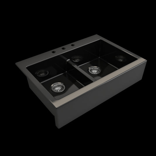 Nuova Apron Front Drop-In Fireclay 34 in. 50/50 Double Bowl Kitchen Sink with Protective Bottom Grids and Strainers in Black
