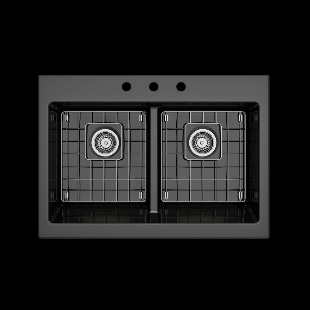 Nuova Apron Front Drop-In Fireclay 34 in. 50/50 Double Bowl Kitchen Sink with Protective Bottom Grids and Strainers in Black