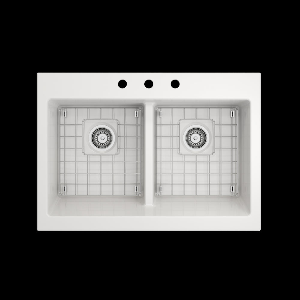 Nuova Apron Front Drop-In Fireclay 34 in. 50/50 Double Bowl Kitchen Sink with Protective Bottom Grids and Strainers in White