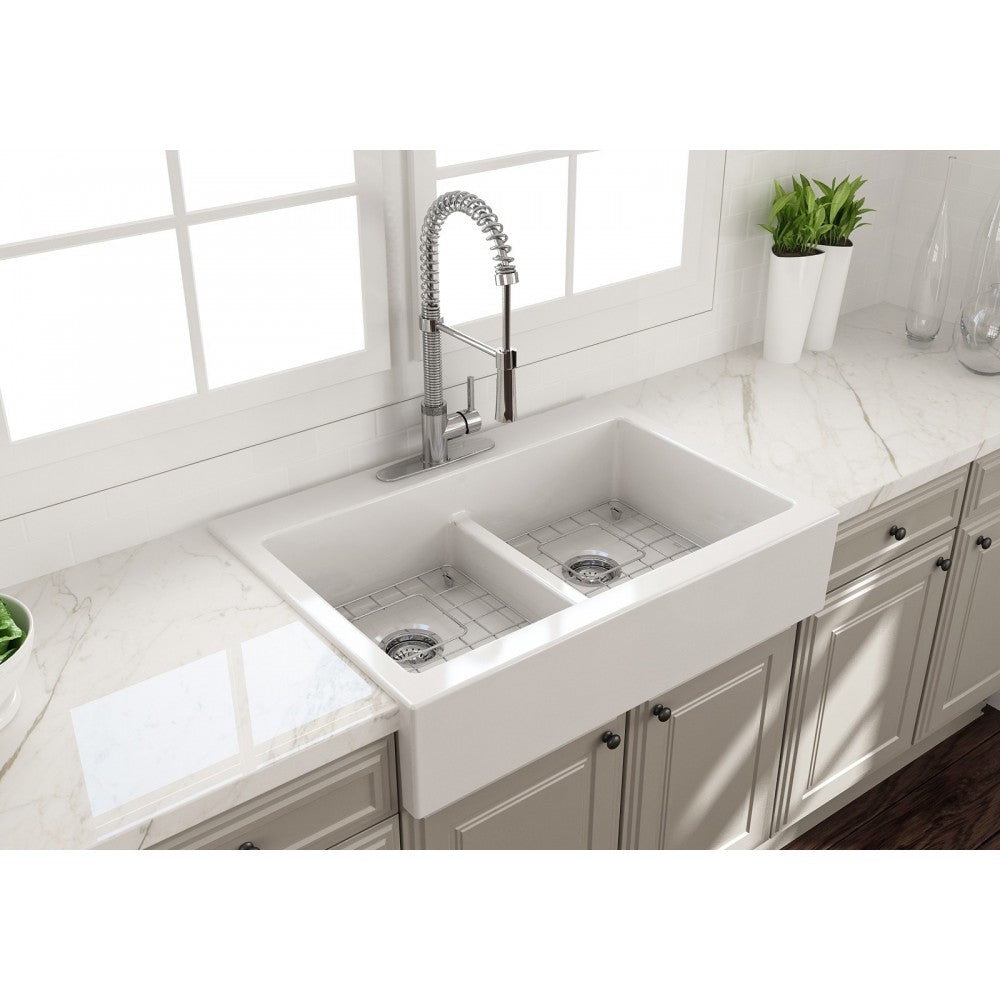Nuova Apron Front Drop-In Fireclay 34 in. 50/50 Double Bowl Kitchen Sink with Protective Bottom Grids and Strainers in White