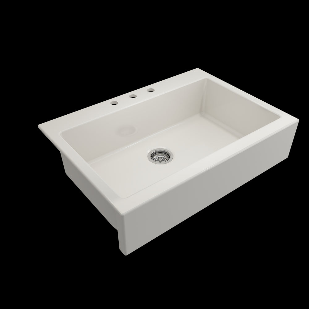 Nuova Apron Front Drop-In Fireclay 34 in. Single Bowl Kitchen Sink with Protective Bottom Grid and Strainer in Biscuit