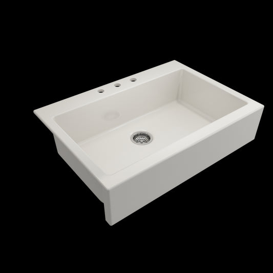 Nuova Apron Front Drop-In Fireclay 34 in. Single Bowl Kitchen Sink with Protective Bottom Grid and Strainer in Biscuit