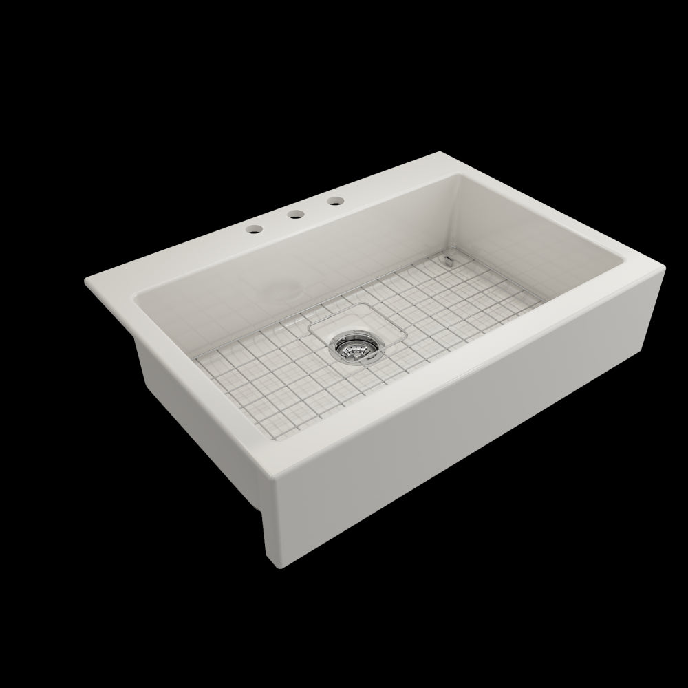 Nuova Apron Front Drop-In Fireclay 34 in. Single Bowl Kitchen Sink with Protective Bottom Grid and Strainer in Biscuit