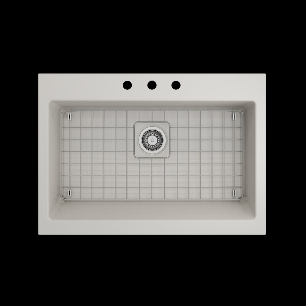 Nuova Apron Front Drop-In Fireclay 34 in. Single Bowl Kitchen Sink with Protective Bottom Grid and Strainer in Biscuit