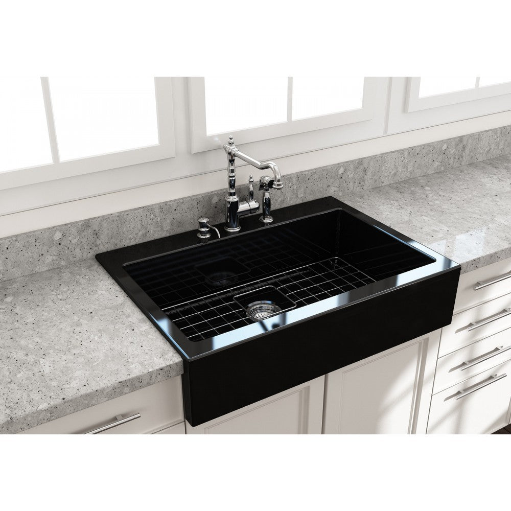 Nuova Apron Front Drop-In Fireclay 34 in. Single Bowl Kitchen Sink with Protective Bottom Grid and Strainer in Black