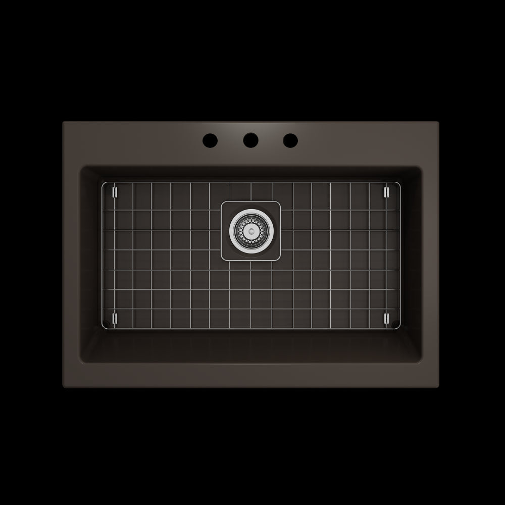 Nuova Apron Front Drop-In Fireclay 34 in. Single Bowl Kitchen Sink with Protective Bottom Grid and Strainer in Matte Brown