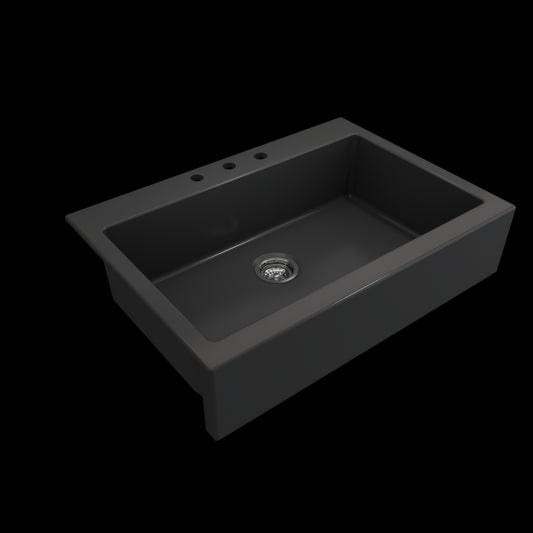 Nuova Apron Front Drop-In Fireclay 34 in. Single Bowl Kitchen Sink with Protective Bottom Grid and Strainer in Matte Dark Gray