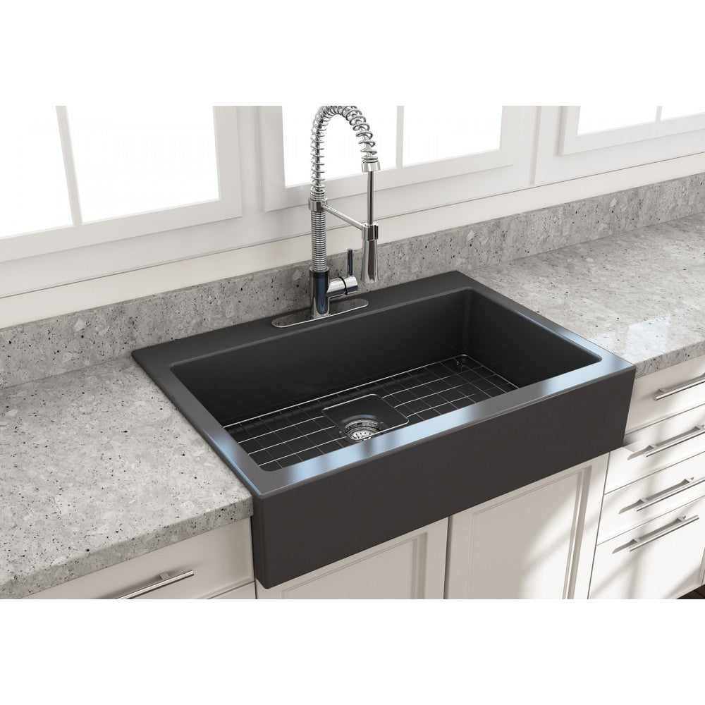 Nuova Apron Front Drop-In Fireclay 34 in. Single Bowl Kitchen Sink with Protective Bottom Grid and Strainer in Matte Dark Gray