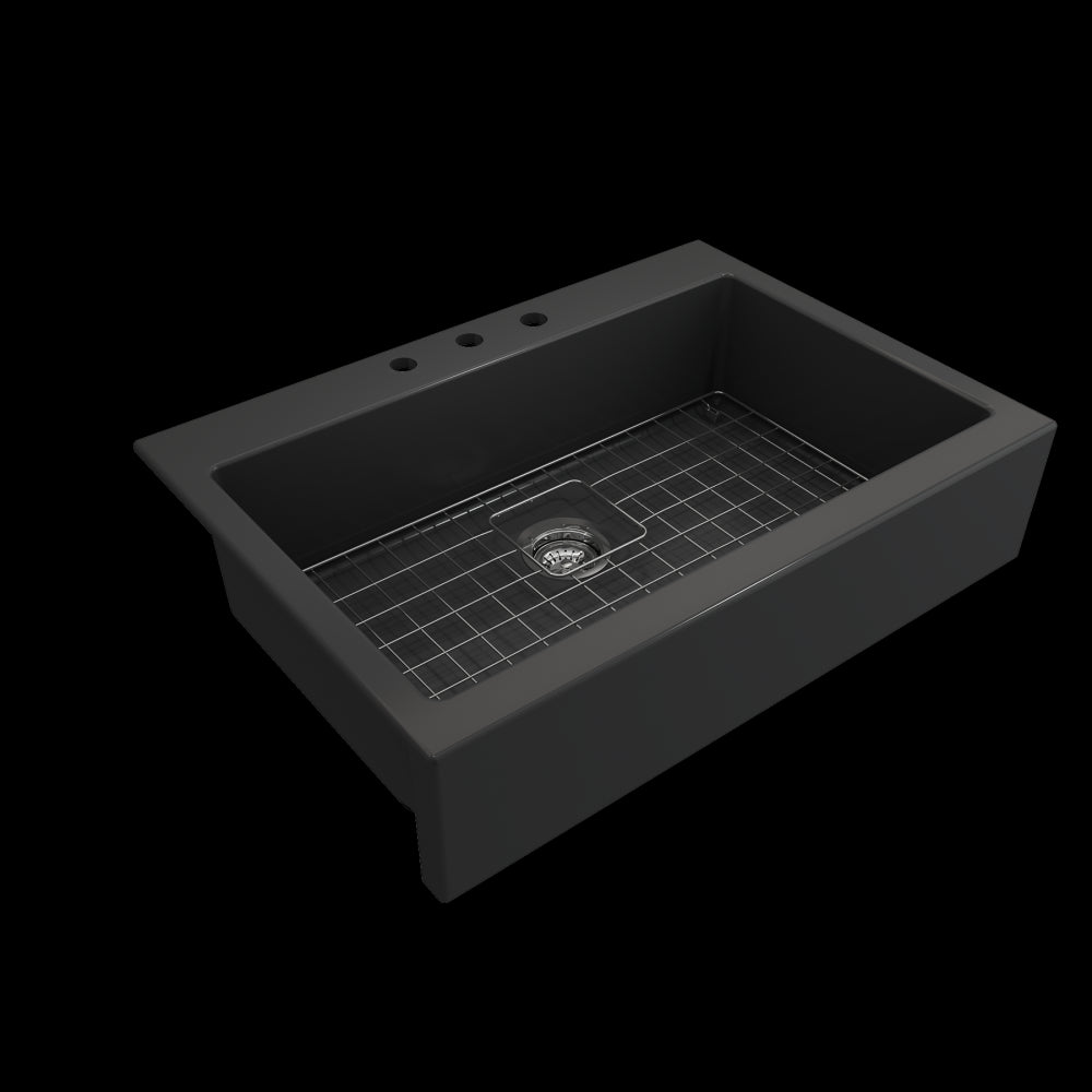 Nuova Apron Front Drop-In Fireclay 34 in. Single Bowl Kitchen Sink with Protective Bottom Grid and Strainer in Matte Dark Gray