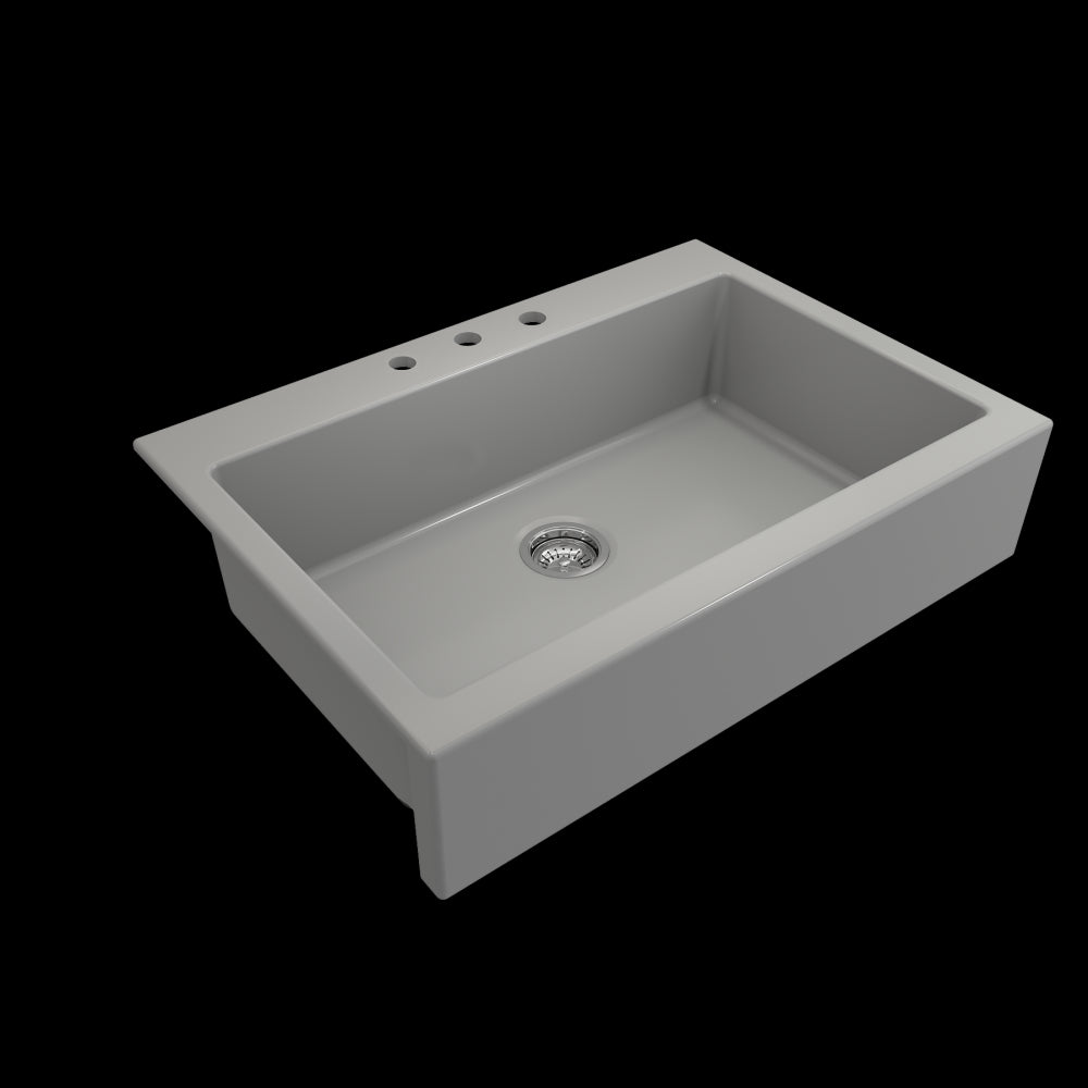 Nuova Apron Front Drop-In Fireclay 34 in. Single Bowl Kitchen Sink with Protective Bottom Grid and Strainer in Matte Gray