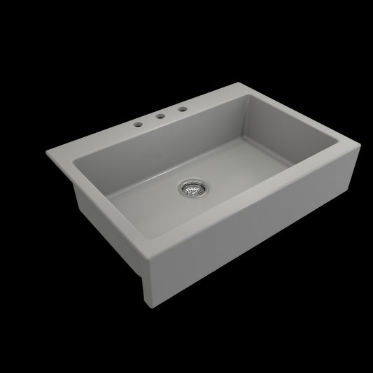 Nuova Apron Front Drop-In Fireclay 34 in. Single Bowl Kitchen Sink with Protective Bottom Grid and Strainer in Matte Gray