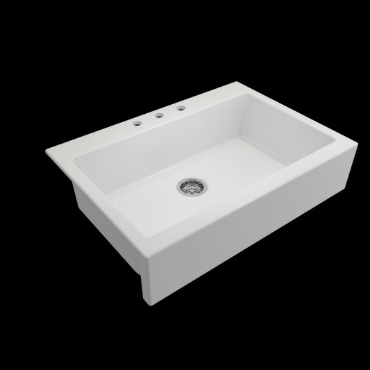 Nuova Apron Front Drop-In Fireclay 34 in. Single Bowl Kitchen Sink with Protective Bottom Grid and Strainer in Matte White