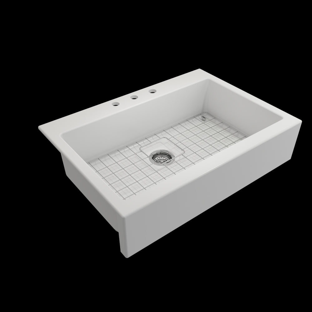 Nuova Apron Front Drop-In Fireclay 34 in. Single Bowl Kitchen Sink with Protective Bottom Grid and Strainer in Matte White