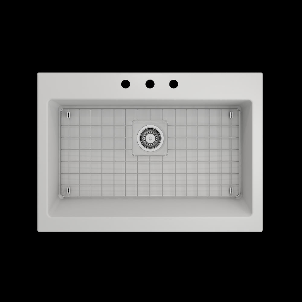 Nuova Apron Front Drop-In Fireclay 34 in. Single Bowl Kitchen Sink with Protective Bottom Grid and Strainer in Matte White