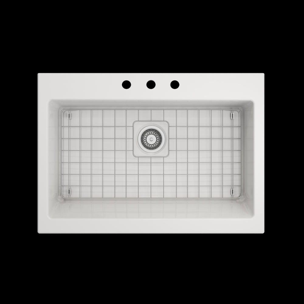 Nuova Apron Front Drop-In Fireclay 34 in. Single Bowl Kitchen Sink with Protective Bottom Grid and Strainer in White