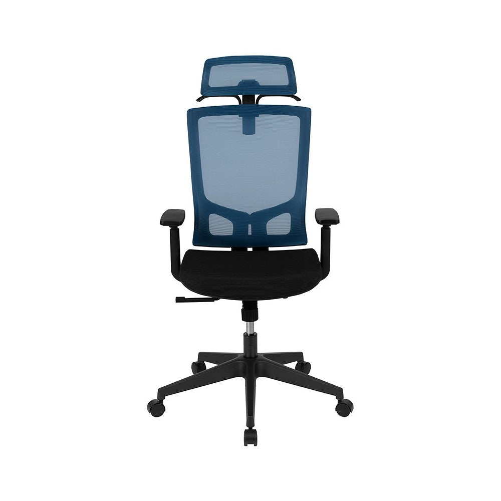 Office Chair with Synchro-Tilt, Pivot Adjustable Headrest, Lumbar Support, Coat Hanger & Adjustable Arms-Blue/Black