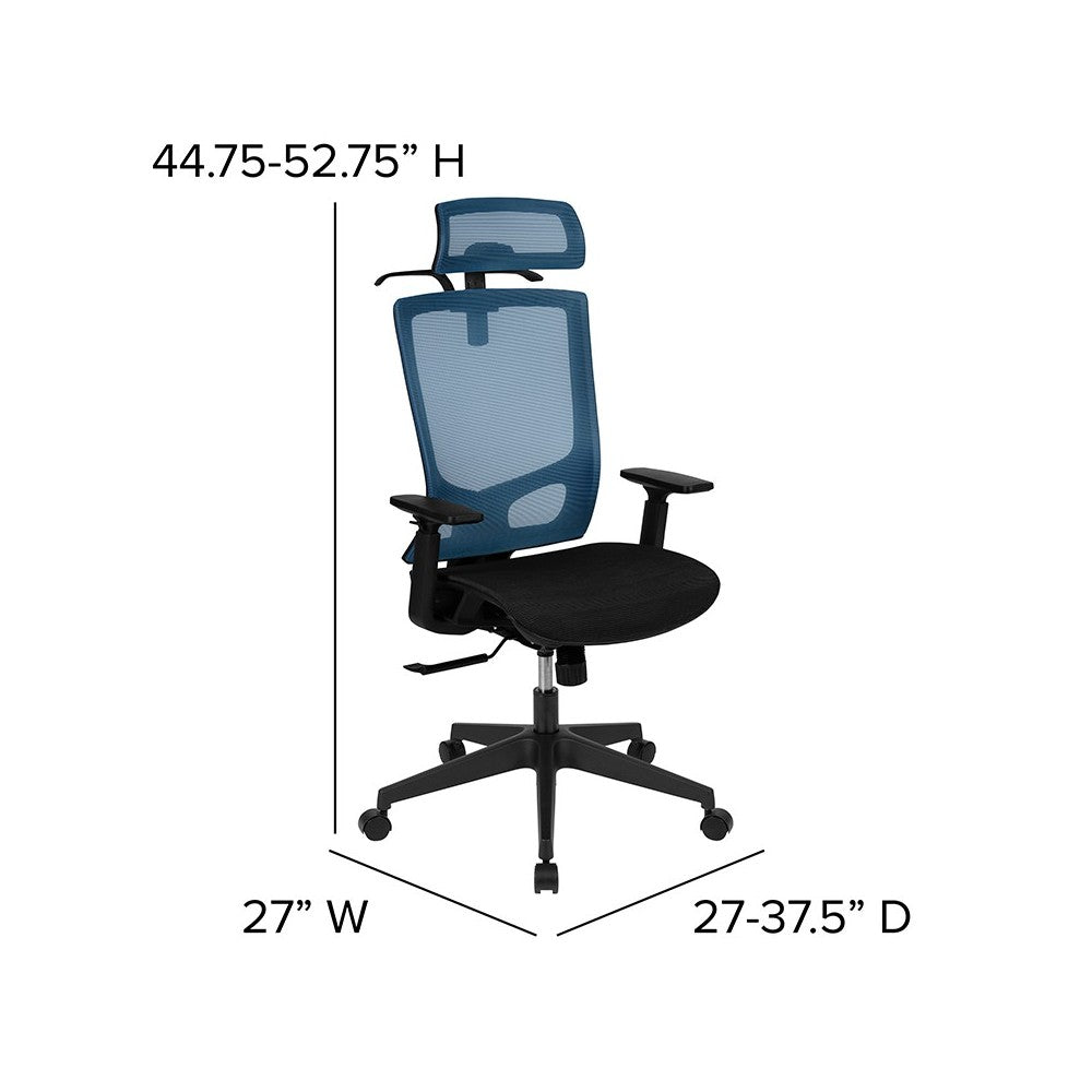 Office Chair with Synchro-Tilt, Pivot Adjustable Headrest, Lumbar Support, Coat Hanger & Adjustable Arms-Blue/Black