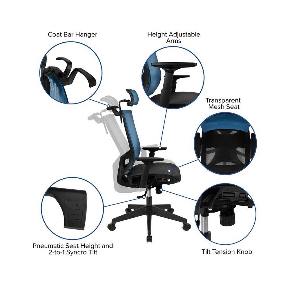 Office Chair with Synchro-Tilt, Pivot Adjustable Headrest, Lumbar Support, Coat Hanger & Adjustable Arms-Blue/Black