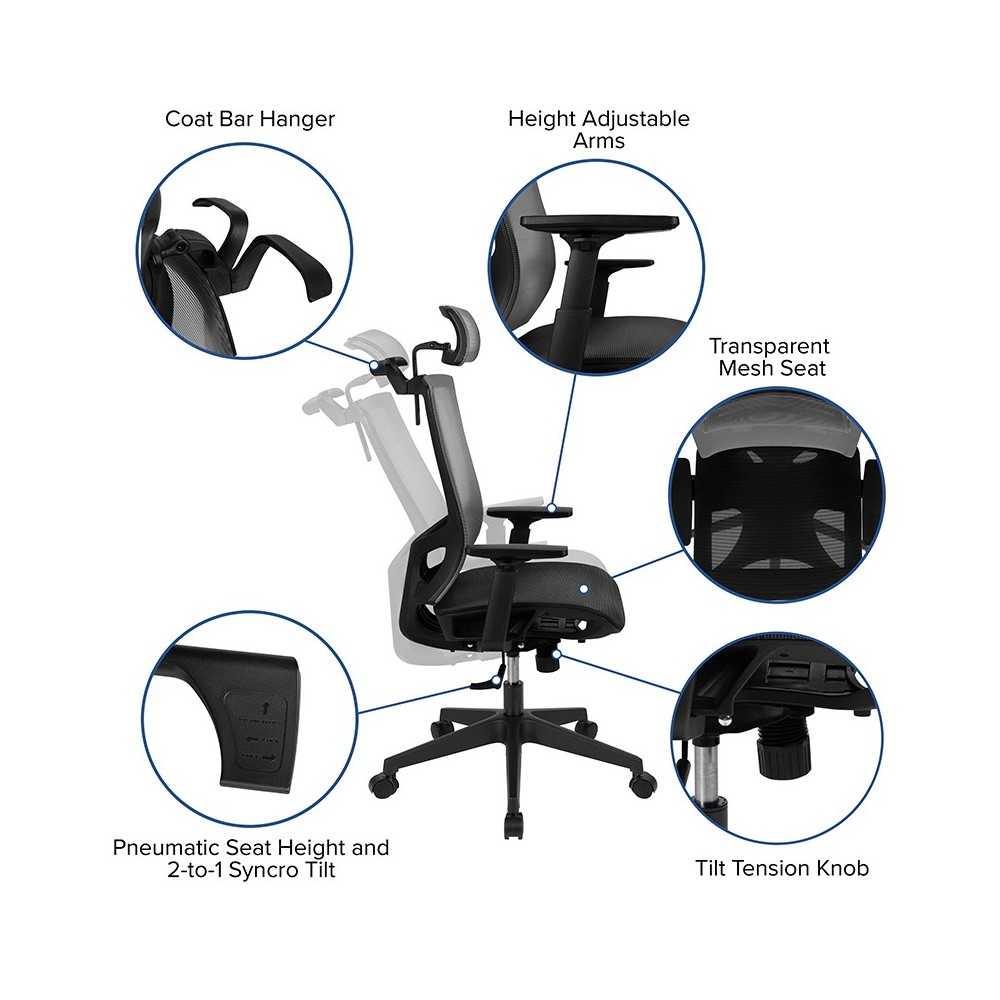 Office Chair with Synchro-Tilt, Pivot Adjustable Headrest, Lumbar Support, Coat Hanger & Adjustable Arms-Gray/Black