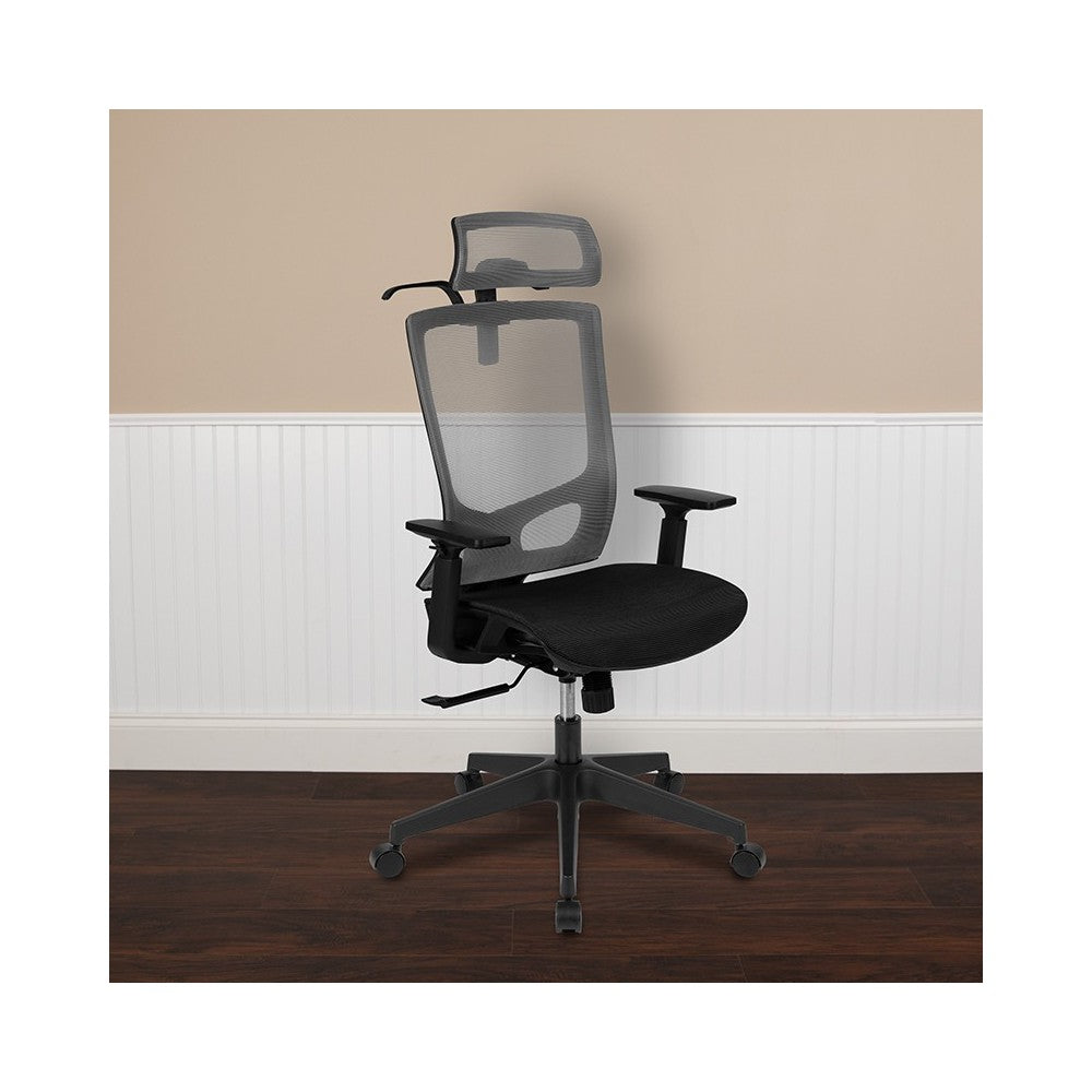 Office Chair with Synchro-Tilt, Pivot Adjustable Headrest, Lumbar Support, Coat Hanger & Adjustable Arms-Gray/Black