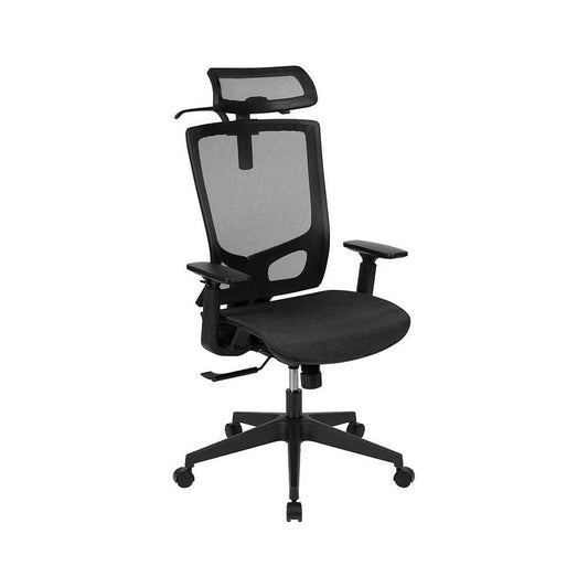 Office Chair with Synchro-Tilt, Pivot Adjustable Headrest, Lumbar Support, Coat Hanger and Adjustable Arms in Black