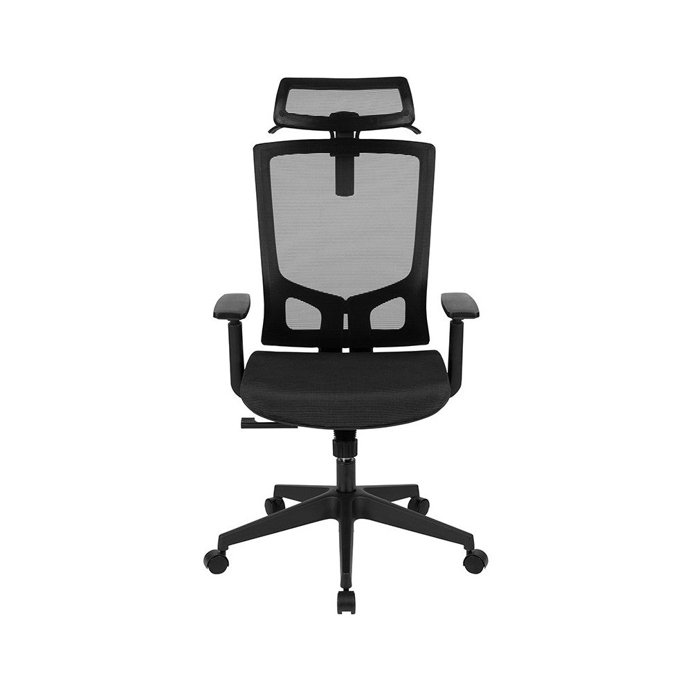 Office Chair with Synchro-Tilt, Pivot Adjustable Headrest, Lumbar Support, Coat Hanger and Adjustable Arms in Black