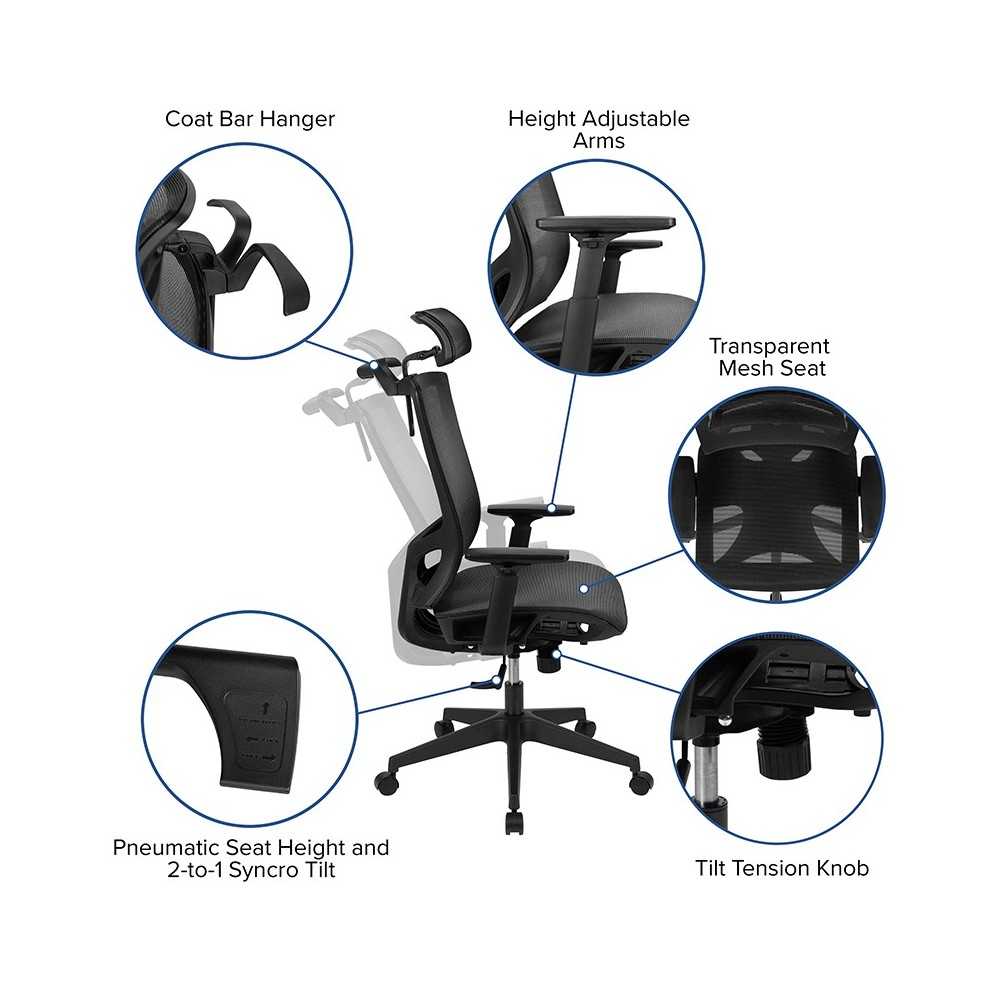 Office Chair with Synchro-Tilt, Pivot Adjustable Headrest, Lumbar Support, Coat Hanger and Adjustable Arms in Black