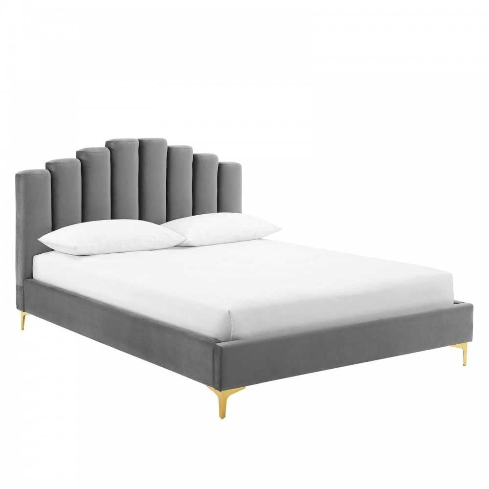 Olivia Queen Performance Velvet Platform Bed, Gray