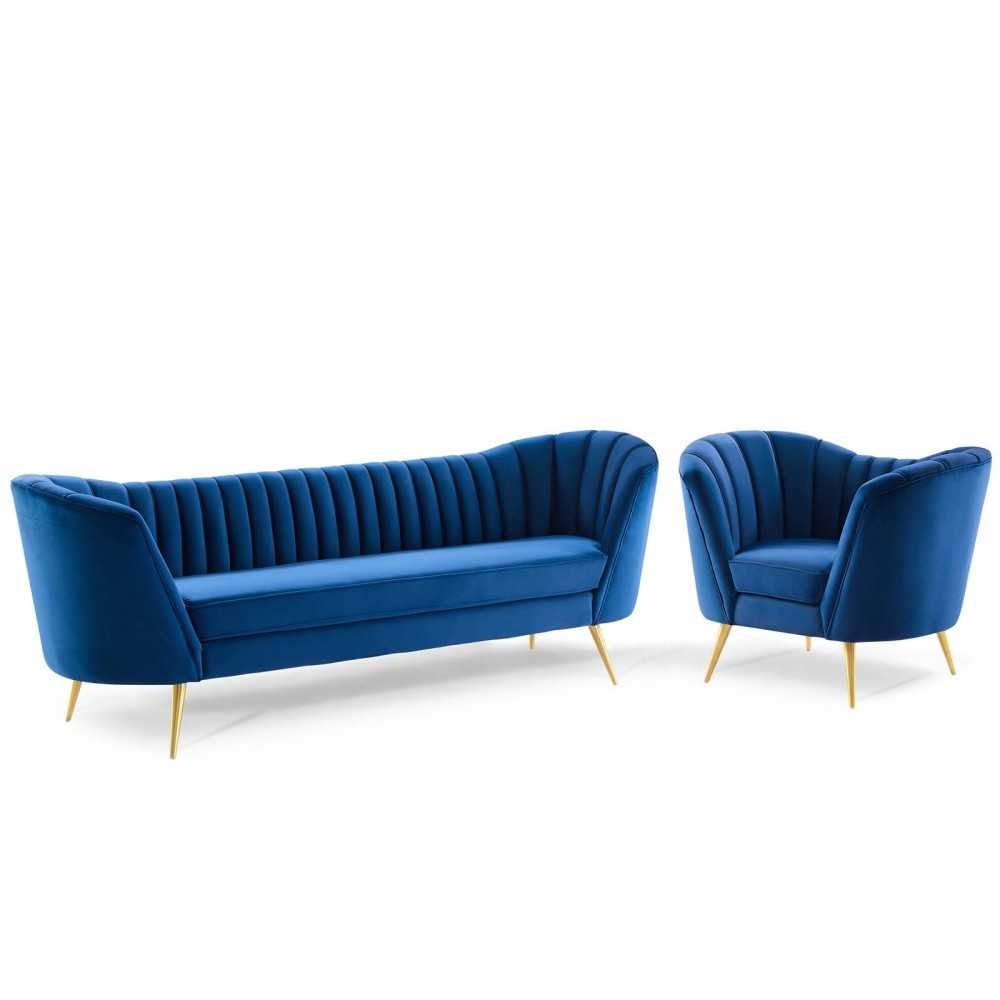 Opportunity Performance Velvet Sofa and Armchair Set, Navy