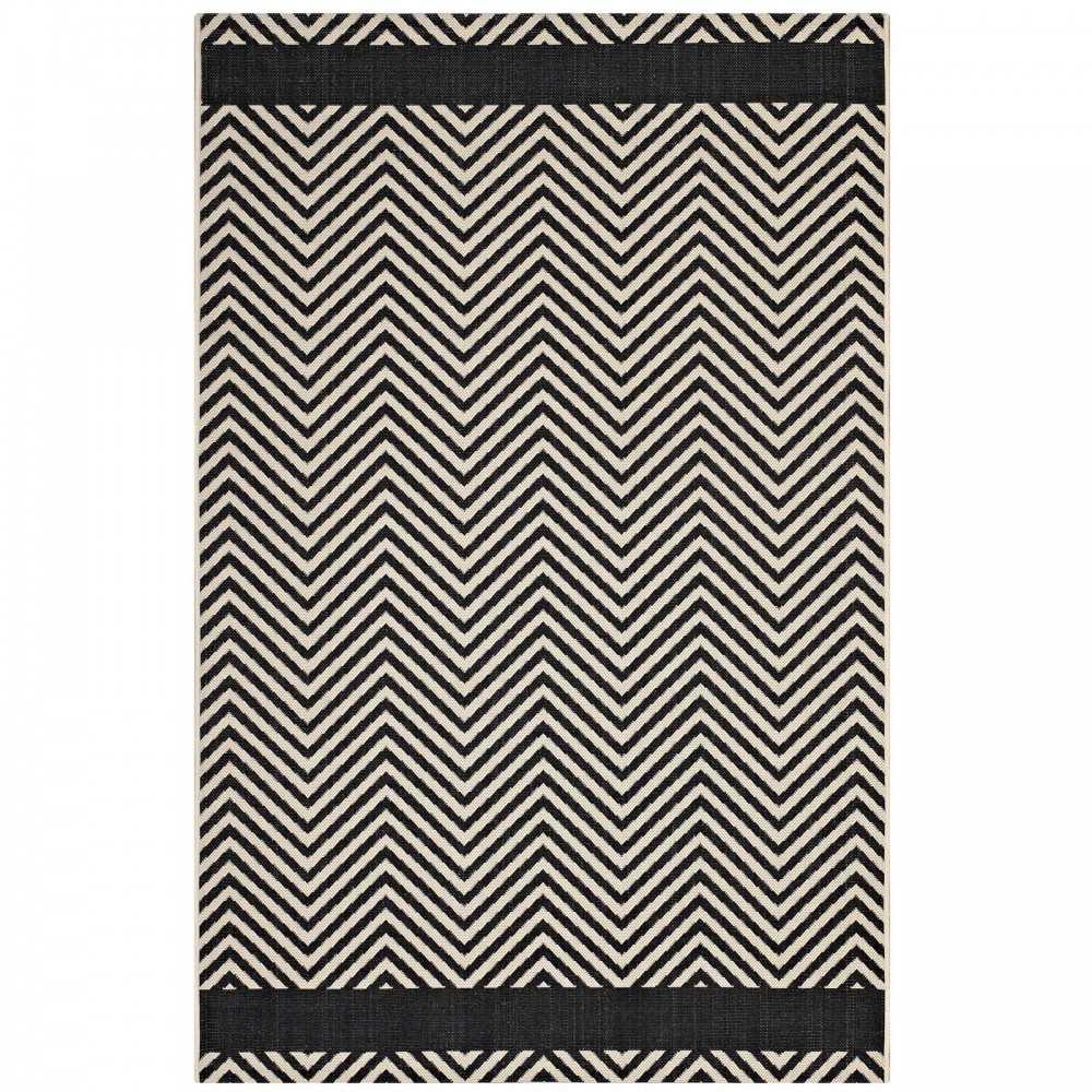 Optica Chevron With End Borders 5x8 Indoor and Outdoor Area Rug, Black and Beige