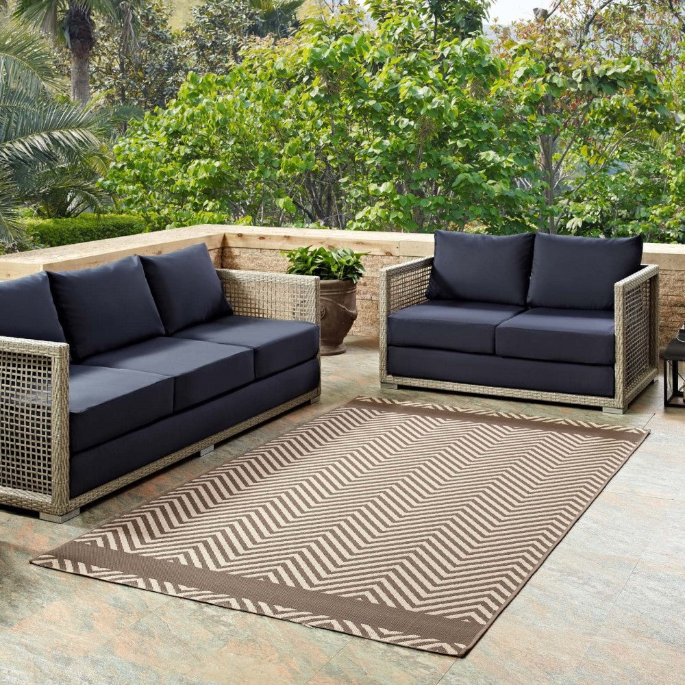 Optica Chevron With End Borders 5x8 Indoor and Outdoor Area Rug, Light and Dark Beige