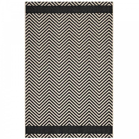 Optica Chevron With End Borders 8x10 Indoor and Outdoor Area Rug, Black and Beige
