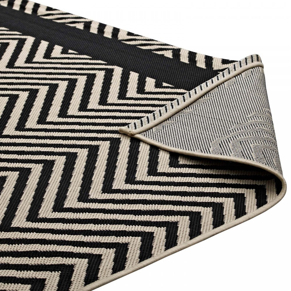 Optica Chevron With End Borders 8x10 Indoor and Outdoor Area Rug, Black and Beige