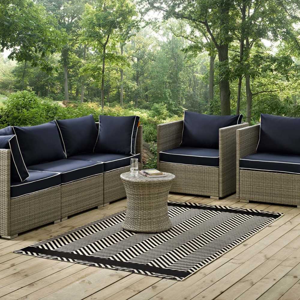 Optica Chevron With End Borders 8x10 Indoor and Outdoor Area Rug, Black and Beige