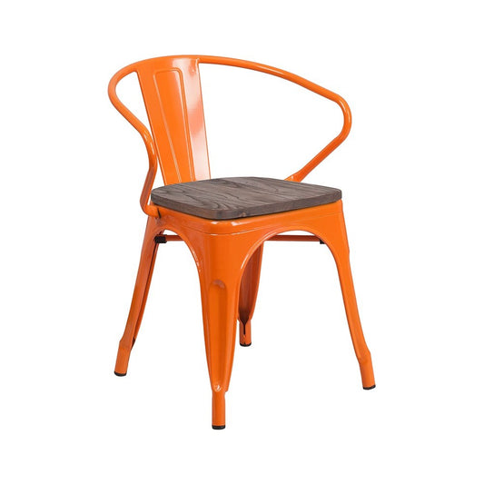 Orange Metal Chair with Wood Seat and Arms