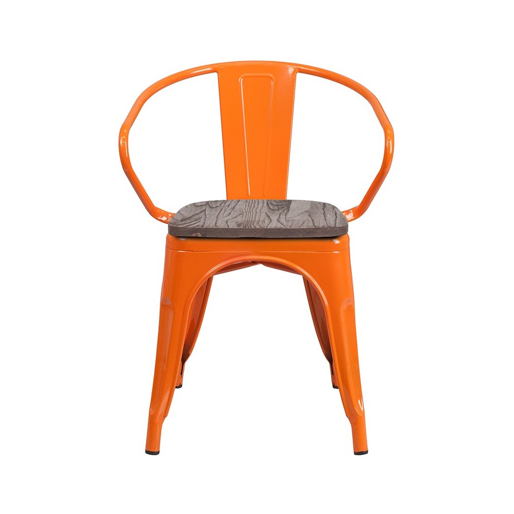Orange Metal Chair with Wood Seat and Arms