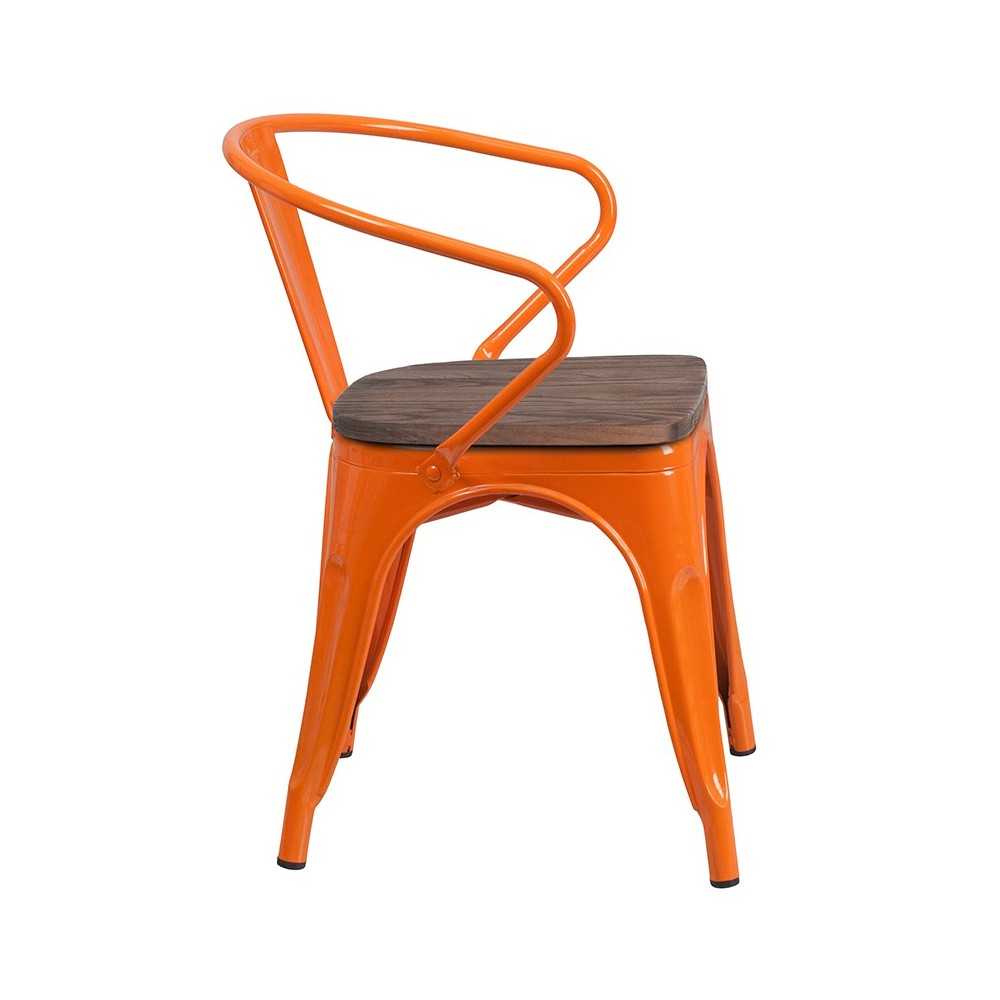 Orange Metal Chair with Wood Seat and Arms