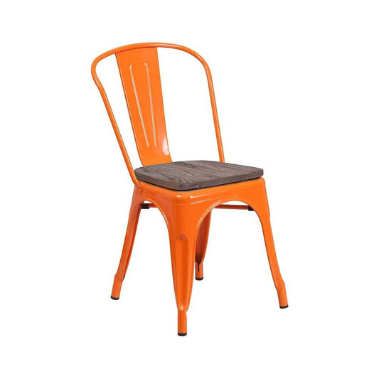 Orange Metal Stackable Chair with Wood Seat