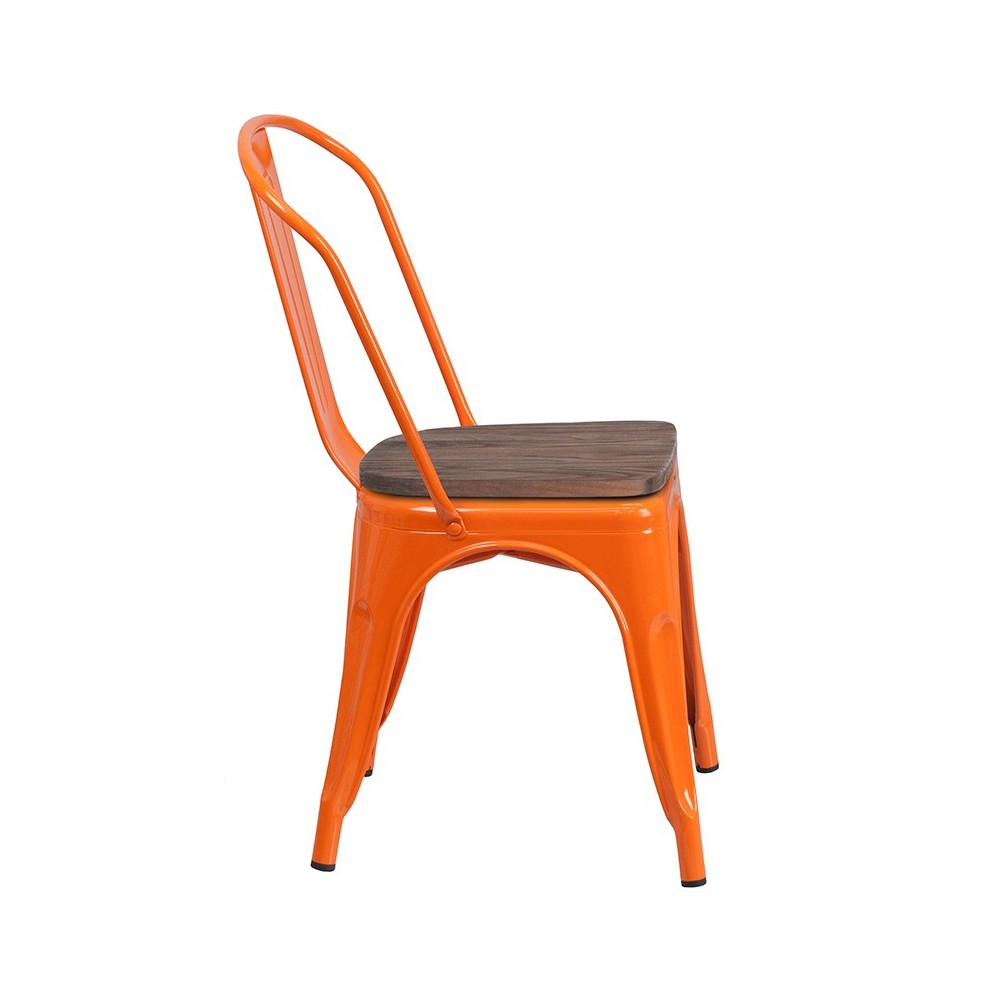 Orange Metal Stackable Chair with Wood Seat
