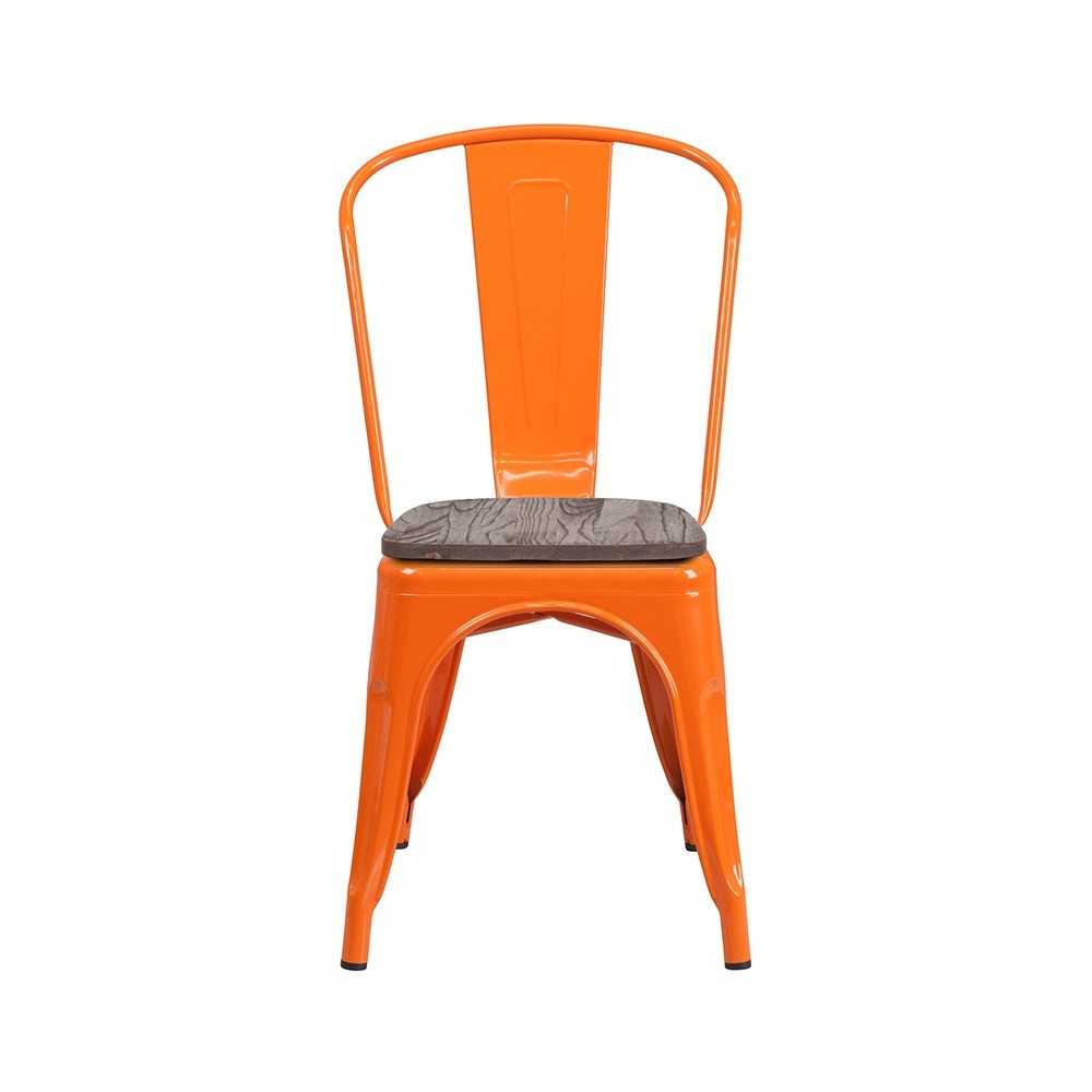 Orange Metal Stackable Chair with Wood Seat