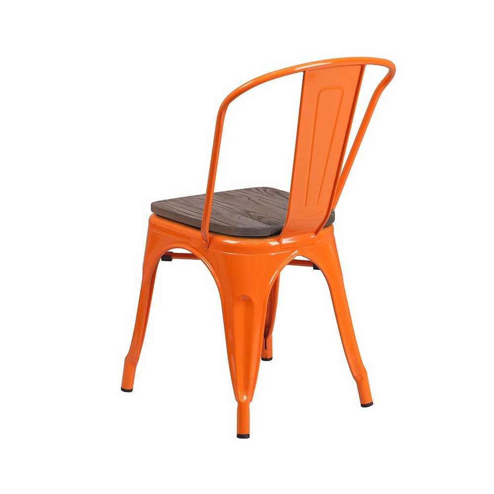 Orange Metal Stackable Chair with Wood Seat