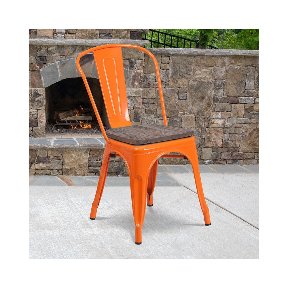 Orange Metal Stackable Chair with Wood Seat