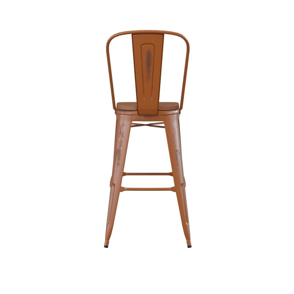 Orange Metal Stool-Teak Seat