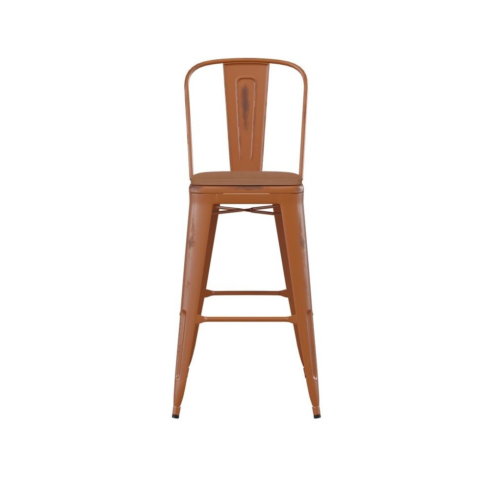 Orange Metal Stool-Teak Seat