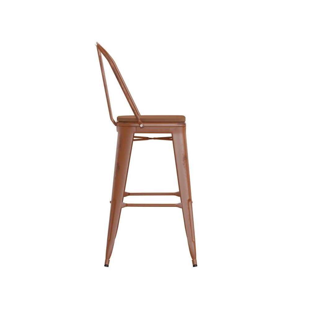 Orange Metal Stool-Teak Seat