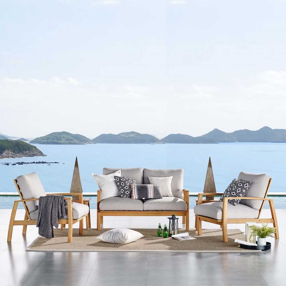 Orlean 3 Piece Outdoor Patio Eucalyptus Wood Set, Natural Light Gray, EEI-3822-NAT-LGR-SET